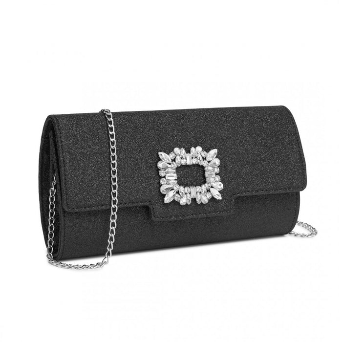 Glitter Evening Clutch with Crystal Embellishment and Detachable Chain Strap – Black