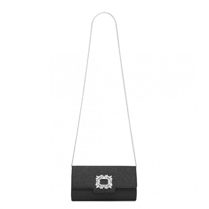Glitter Evening Clutch with Crystal Embellishment and Detachable Chain Strap – Black