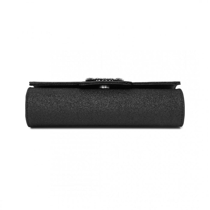 Glitter Evening Clutch with Crystal Embellishment and Detachable Chain Strap – Black