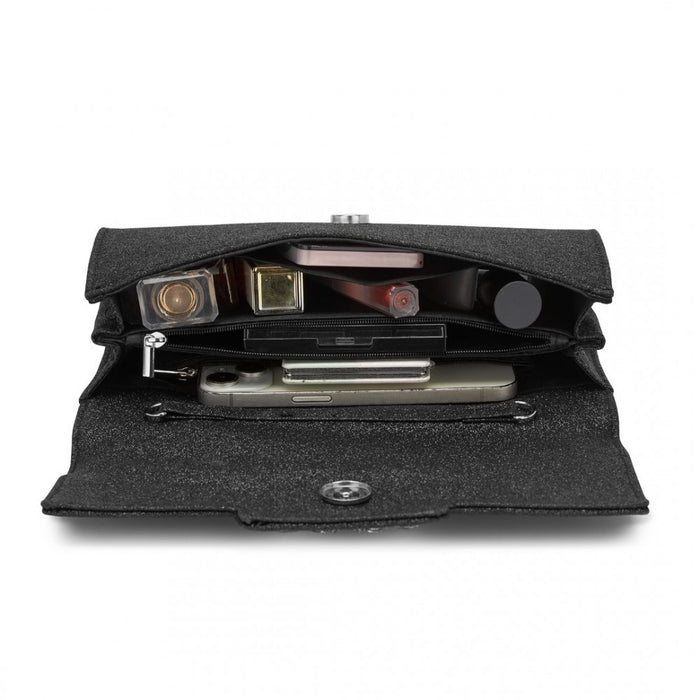 Glitter Evening Clutch with Crystal Embellishment and Detachable Chain Strap – Black