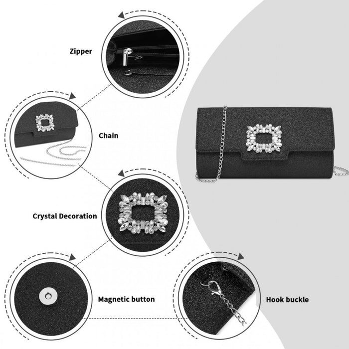 Glitter Evening Clutch with Crystal Embellishment and Detachable Chain Strap – Black