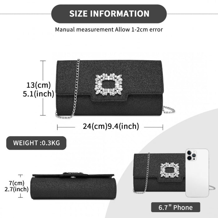 Glitter Evening Clutch with Crystal Embellishment and Detachable Chain Strap – Black