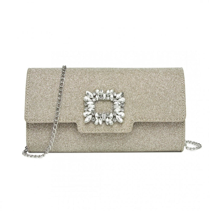Glitter Evening Clutch with Crystal Embellishment and Detachable Chain Strap – Gold