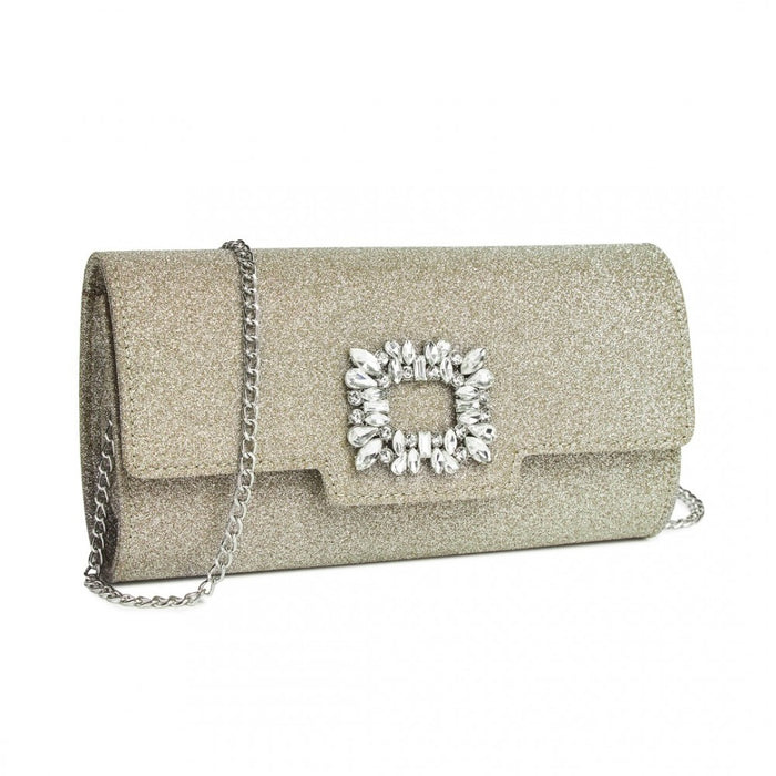 Glitter Evening Clutch with Crystal Embellishment and Detachable Chain Strap – Gold
