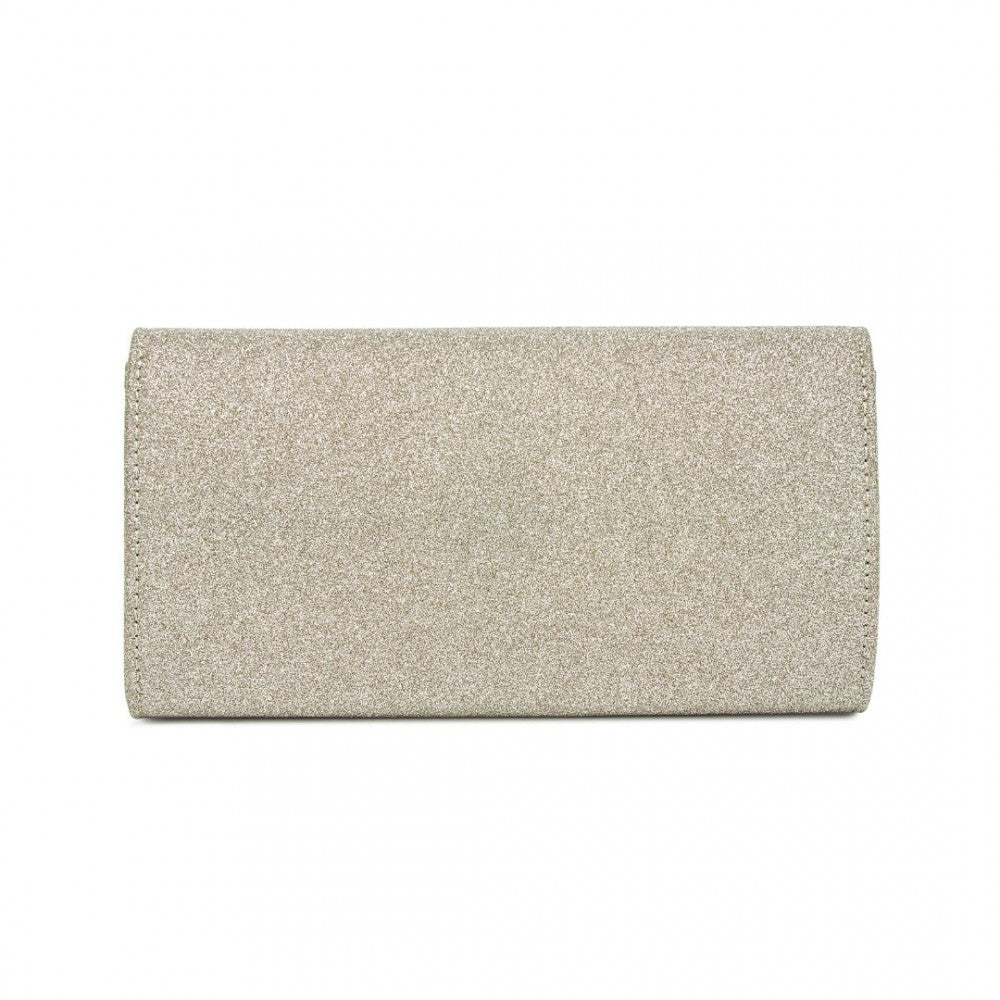 Glitter Evening Clutch with Crystal Embellishment and Detachable Chain Strap – Gold
