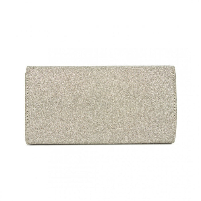 Glitter Evening Clutch with Crystal Embellishment and Detachable Chain Strap – Gold
