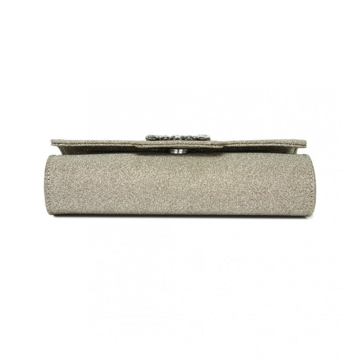 Glitter Evening Clutch with Crystal Embellishment and Detachable Chain Strap – Gold