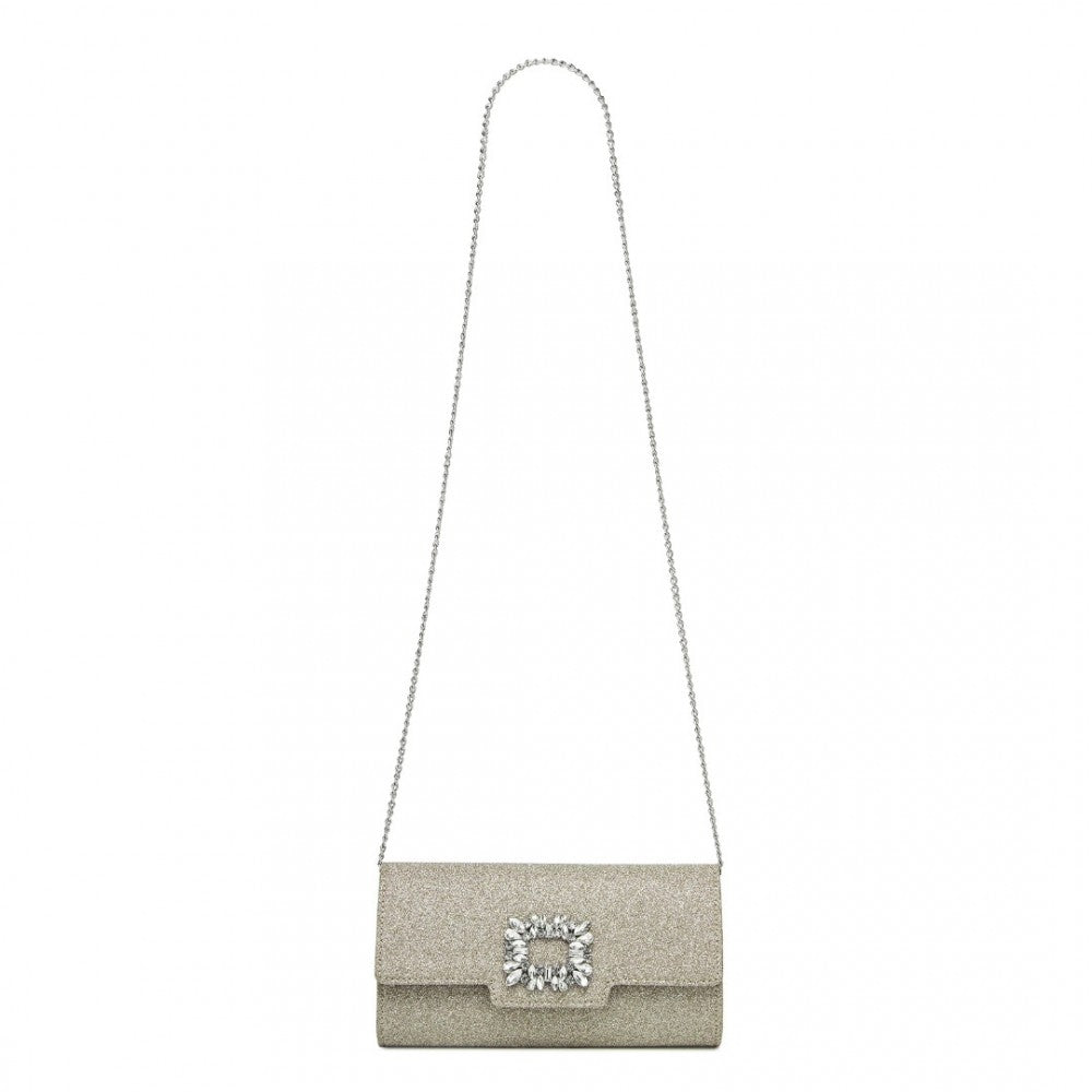 Glitter Evening Clutch with Crystal Embellishment and Detachable Chain Strap – Gold