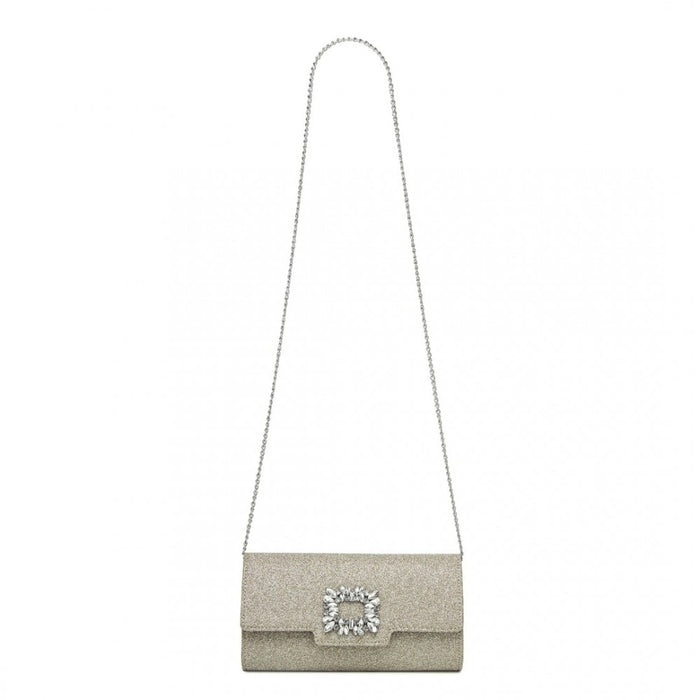 Glitter Evening Clutch with Crystal Embellishment and Detachable Chain Strap – Gold