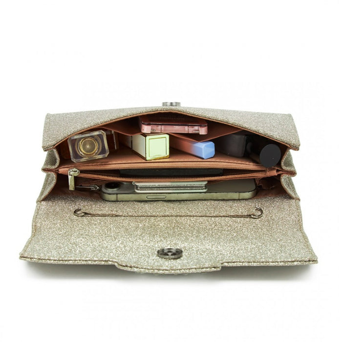 Glitter Evening Clutch with Crystal Embellishment and Detachable Chain Strap – Gold