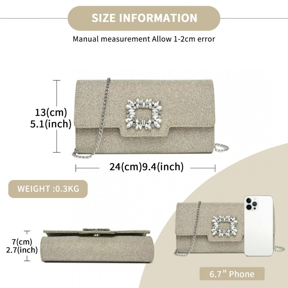 Glitter Evening Clutch with Crystal Embellishment and Detachable Chain Strap – Gold
