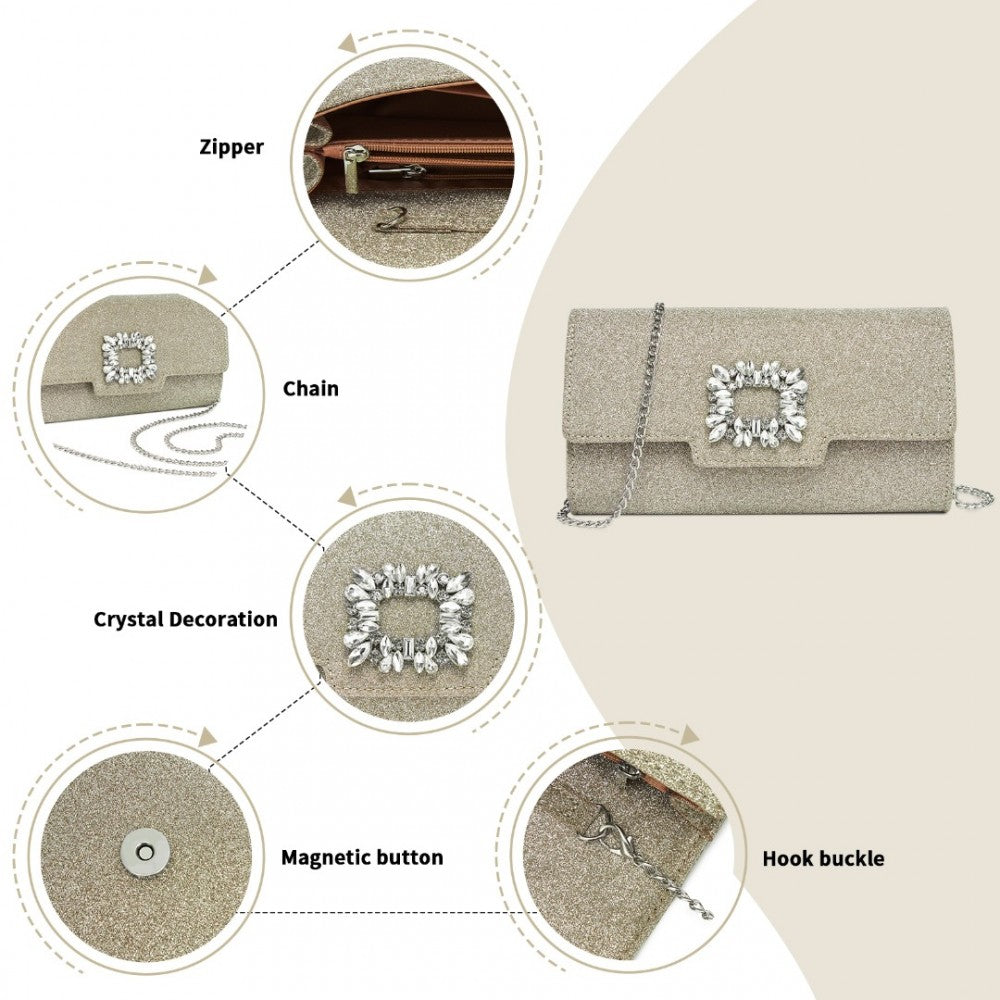Glitter Evening Clutch with Crystal Embellishment and Detachable Chain Strap – Gold