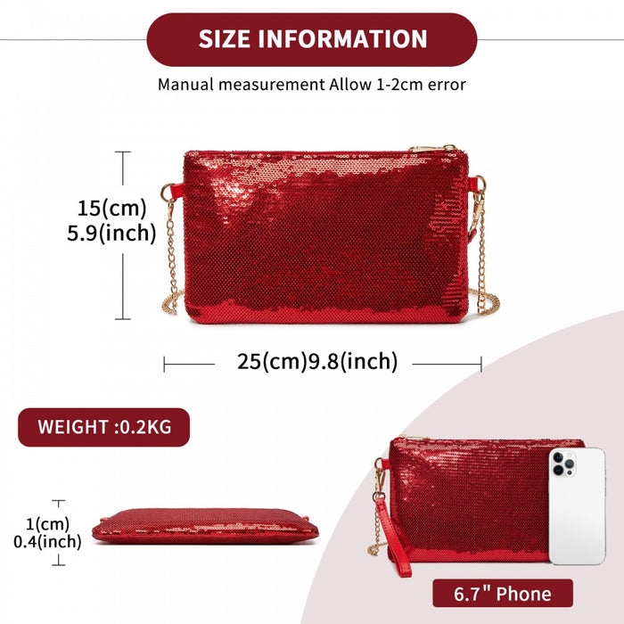 Glam Sparkle Sequin Evening Clutch-Sleek, Shimmering Wristlet and Crossbody – Red