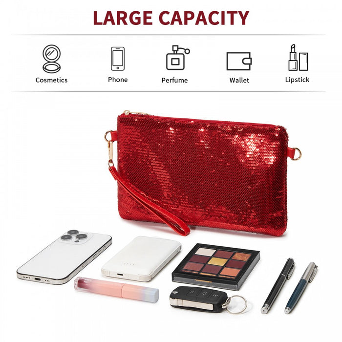 Glam Sparkle Sequin Evening Clutch-Sleek, Shimmering Wristlet and Crossbody – Red