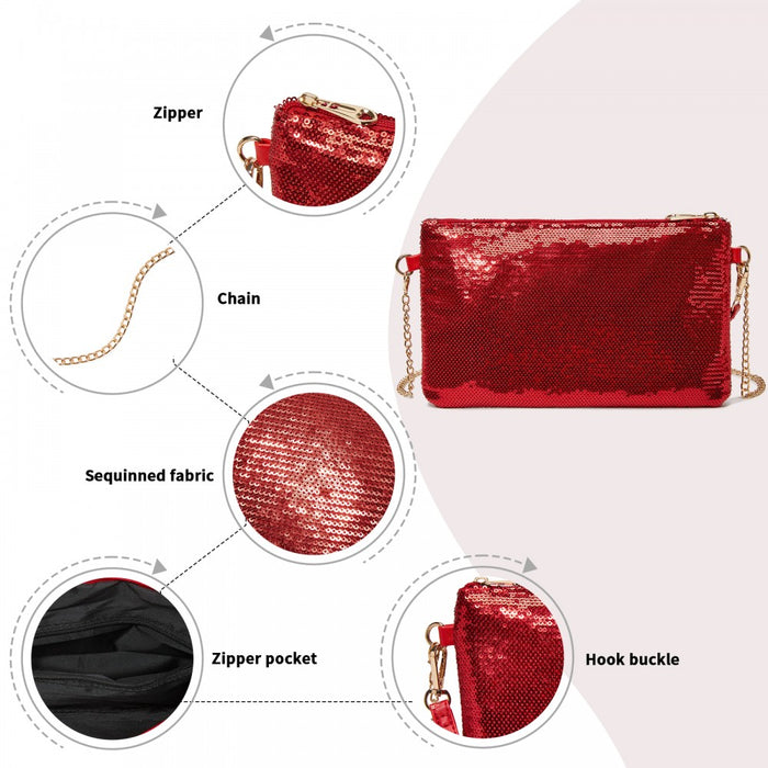Glam Sparkle Sequin Evening Clutch-Sleek, Shimmering Wristlet and Crossbody – Red