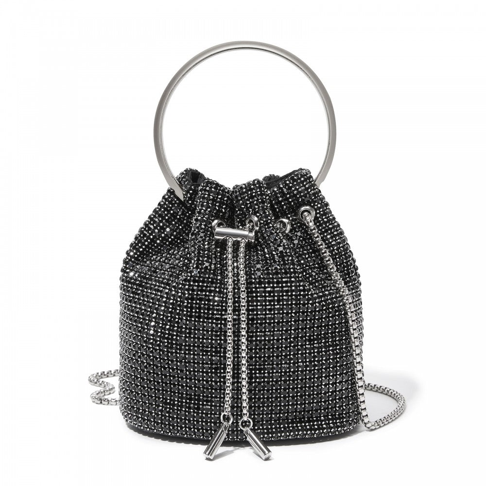 Women's Rhinestone Evening Bag with Metal Ring Handle and Chain Crossbody Strap – Black