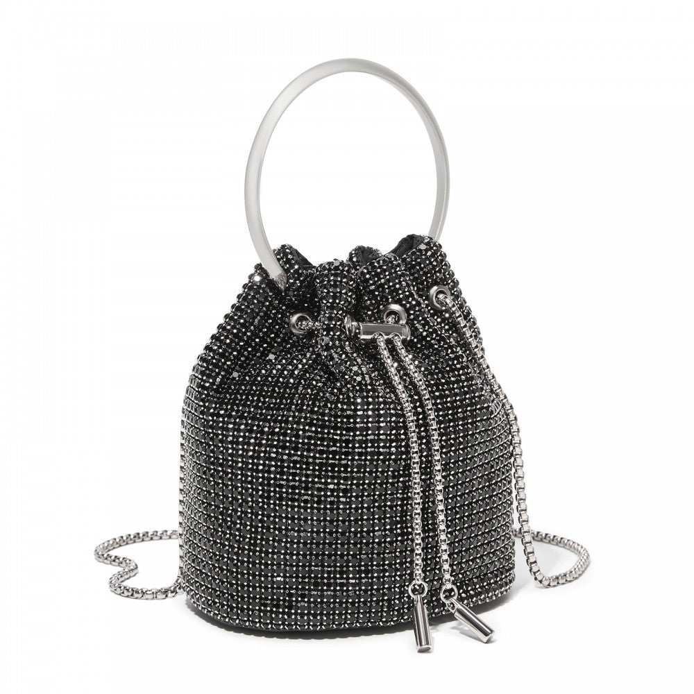 Women's Rhinestone Evening Bag with Metal Ring Handle and Chain Crossbody Strap – Black