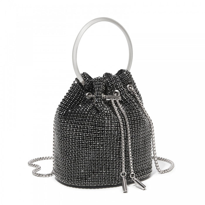 Women's Rhinestone Evening Bag with Metal Ring Handle and Chain Crossbody Strap – Black