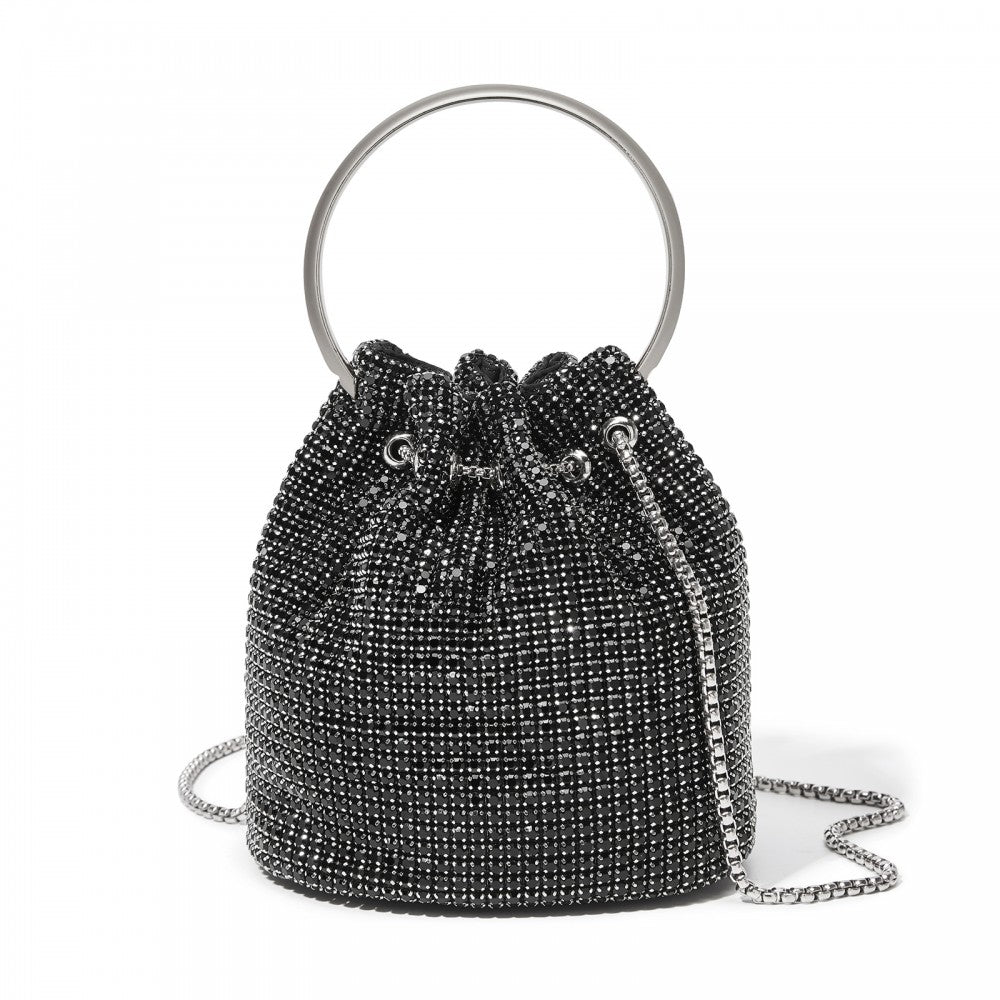 Women's Rhinestone Evening Bag with Metal Ring Handle and Chain Crossbody Strap – Black