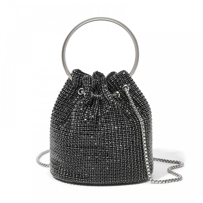 Women's Rhinestone Evening Bag with Metal Ring Handle and Chain Crossbody Strap – Black