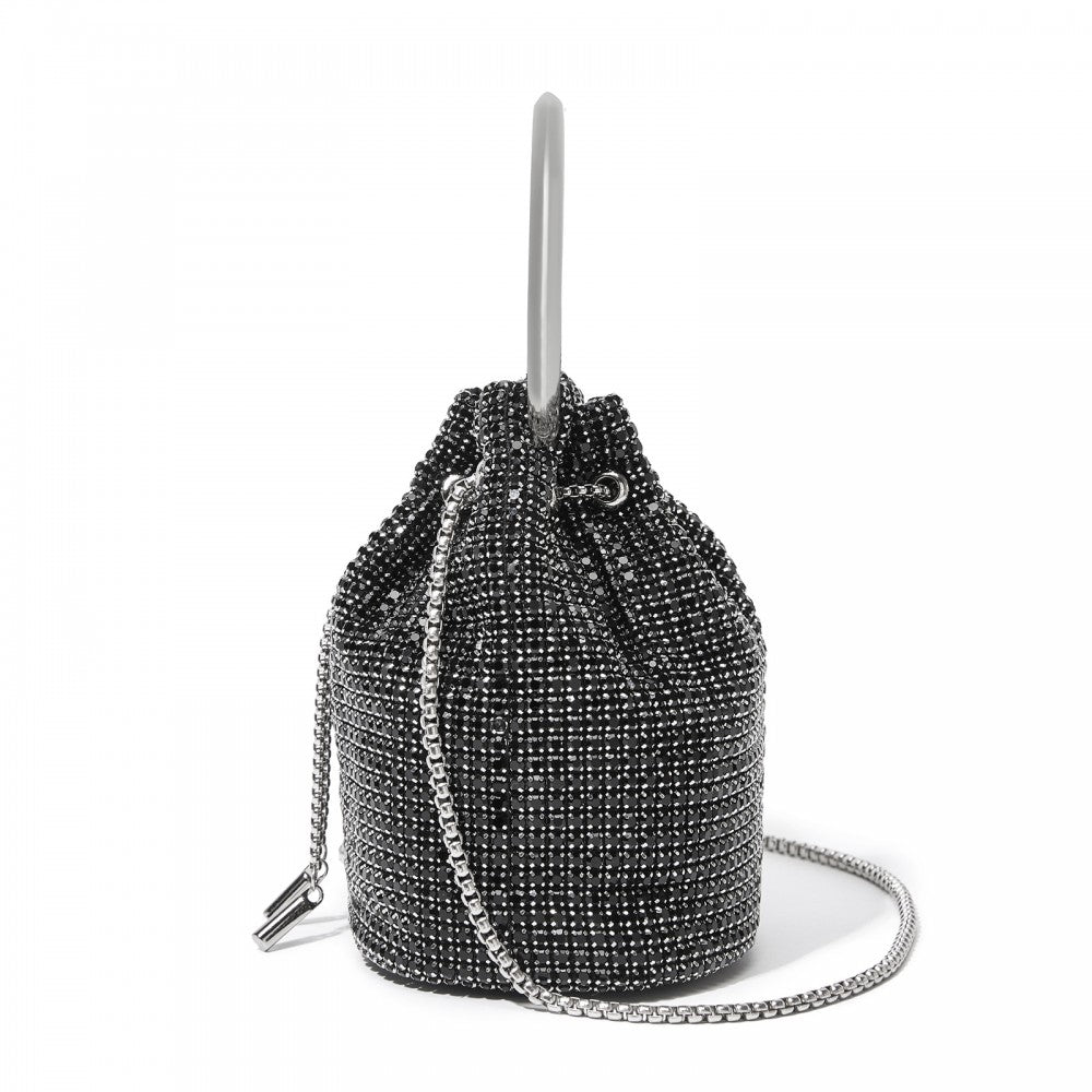 Women's Rhinestone Evening Bag with Metal Ring Handle and Chain Crossbody Strap – Black