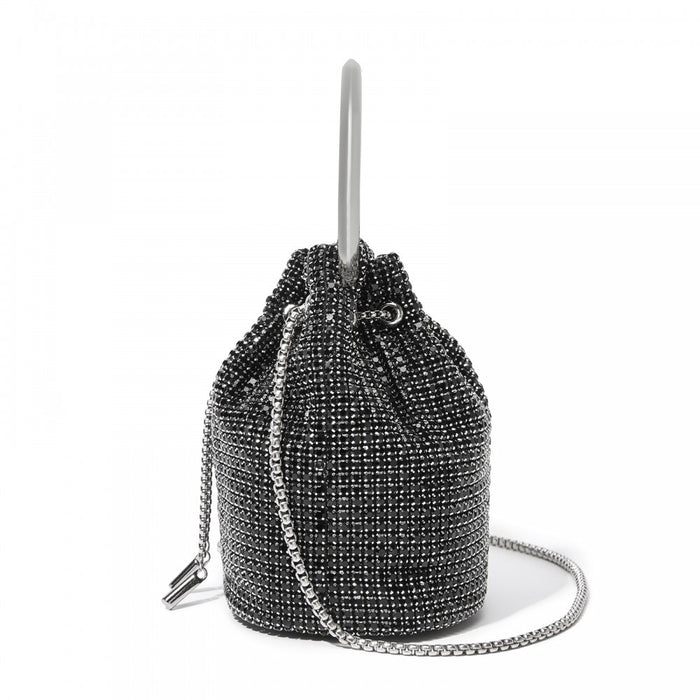 Women's Rhinestone Evening Bag with Metal Ring Handle and Chain Crossbody Strap – Black