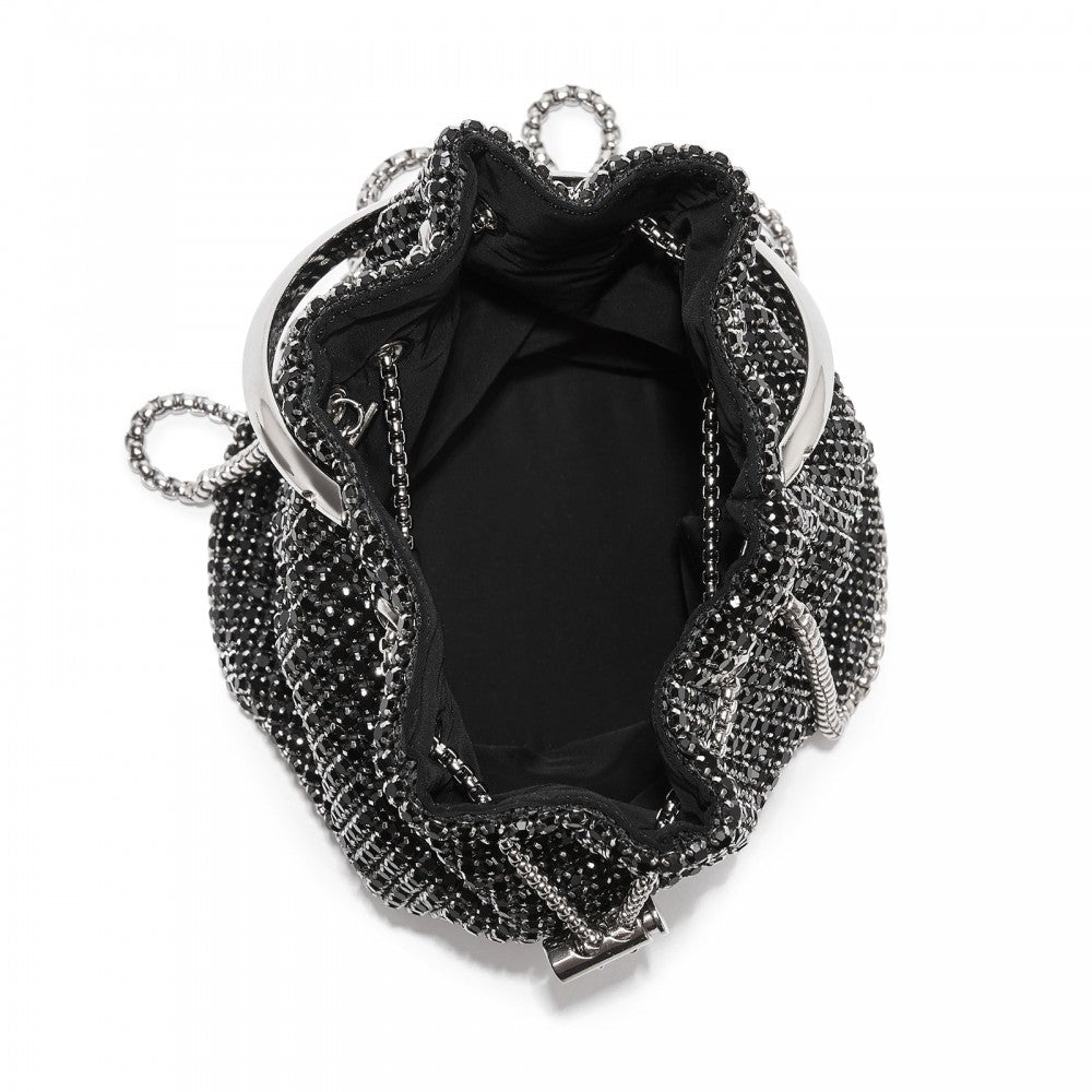Women's Rhinestone Evening Bag with Metal Ring Handle and Chain Crossbody Strap – Black