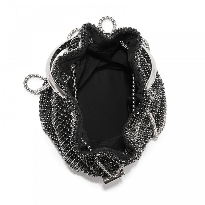 Women's Rhinestone Evening Bag with Metal Ring Handle and Chain Crossbody Strap – Black