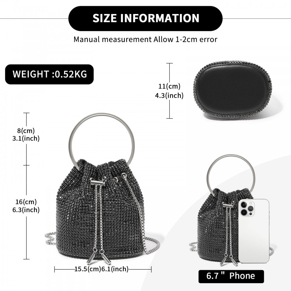 Women's Rhinestone Evening Bag with Metal Ring Handle and Chain Crossbody Strap – Black
