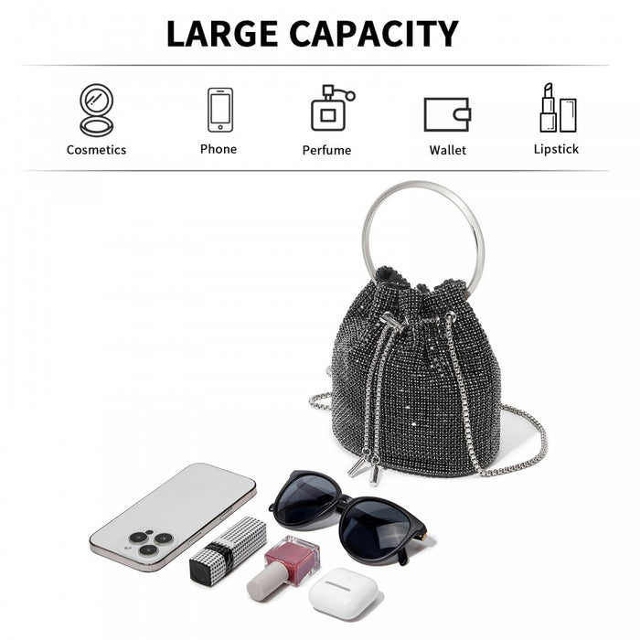 Women's Rhinestone Evening Bag with Metal Ring Handle and Chain Crossbody Strap – Black
