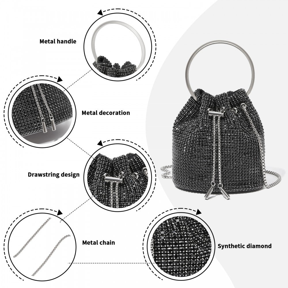 Women's Rhinestone Evening Bag with Metal Ring Handle and Chain Crossbody Strap – Black
