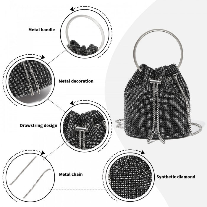 Women's Rhinestone Evening Bag with Metal Ring Handle and Chain Crossbody Strap – Black