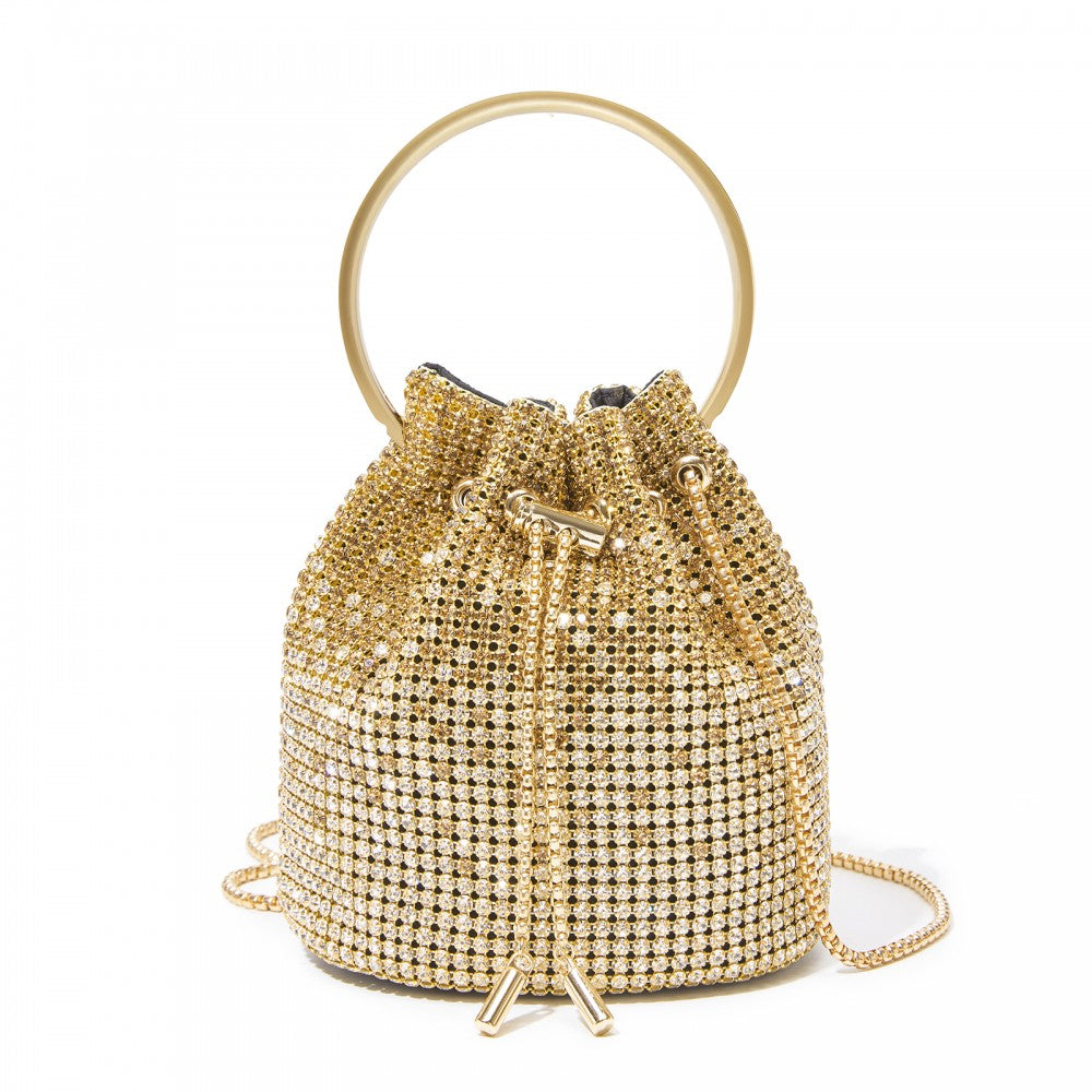 Women's Rhinestone Evening Bag with Metal Ring Handle and Chain Crossbody Strap – Gold