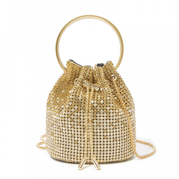 Women's Rhinestone Evening Bag with Metal Ring Handle and Chain Crossbody Strap – Gold