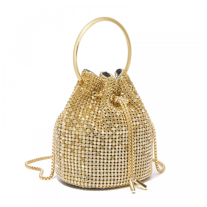 Women's Rhinestone Evening Bag with Metal Ring Handle and Chain Crossbody Strap – Gold