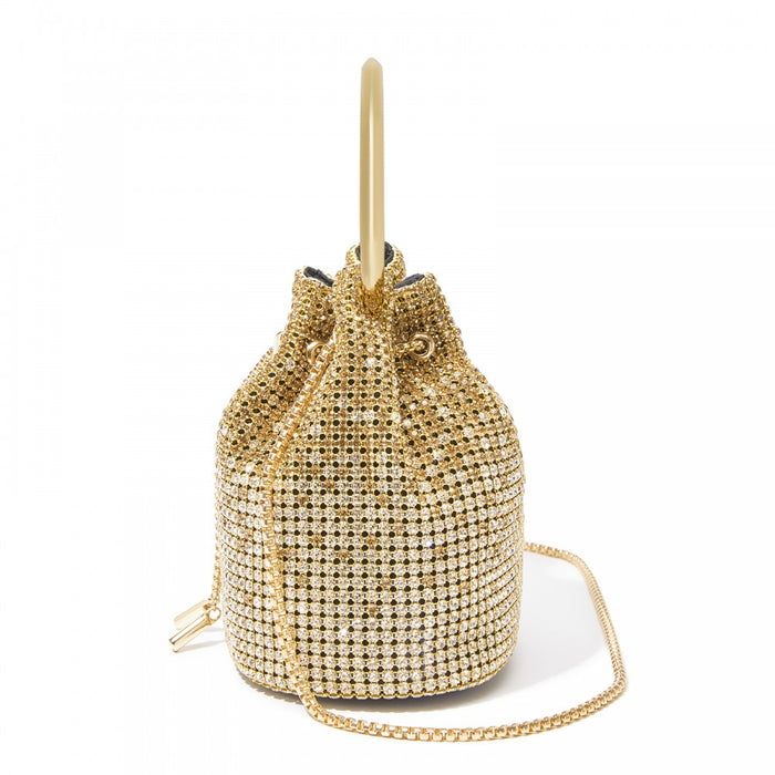 Women's Rhinestone Evening Bag with Metal Ring Handle and Chain Crossbody Strap – Gold