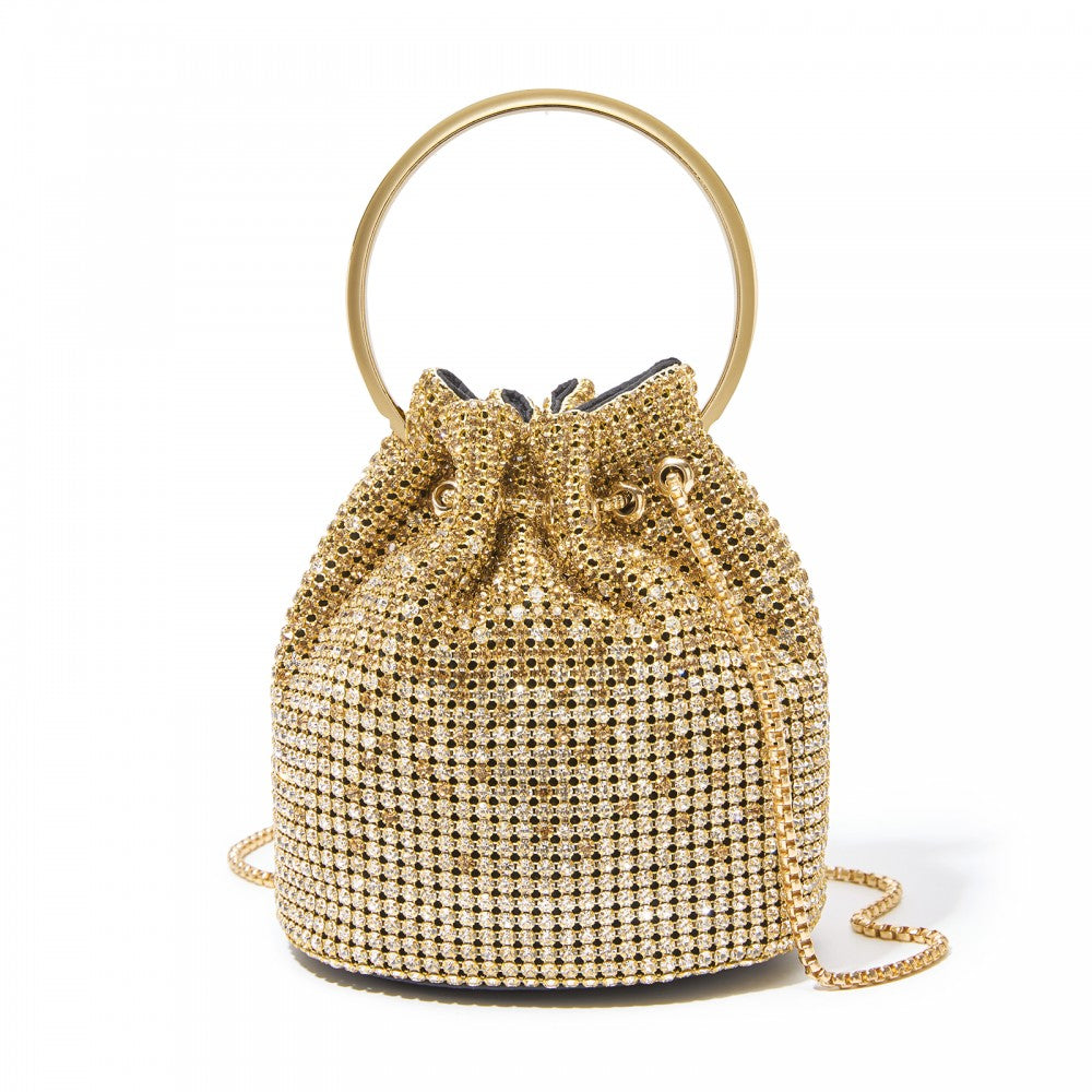 Women's Rhinestone Evening Bag with Metal Ring Handle and Chain Crossbody Strap – Gold