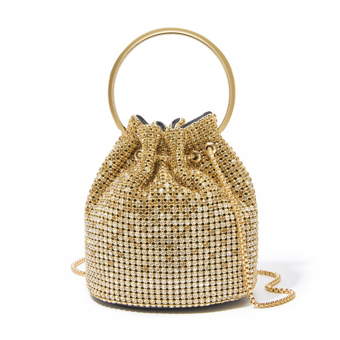 Women's Rhinestone Evening Bag with Metal Ring Handle and Chain Crossbody Strap – Gold
