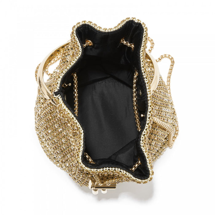 Women's Rhinestone Evening Bag with Metal Ring Handle and Chain Crossbody Strap – Gold