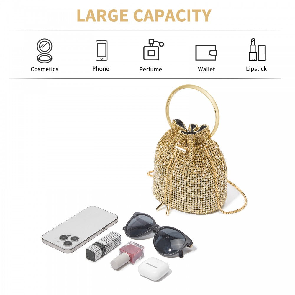 Women's Rhinestone Evening Bag with Metal Ring Handle and Chain Crossbody Strap – Gold