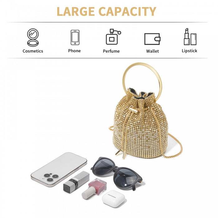 Women's Rhinestone Evening Bag with Metal Ring Handle and Chain Crossbody Strap – Gold