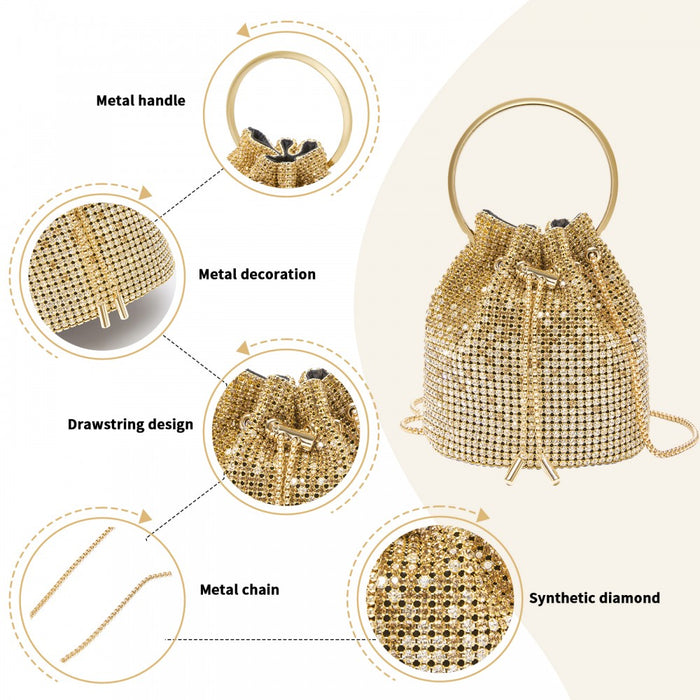 Women's Rhinestone Evening Bag with Metal Ring Handle and Chain Crossbody Strap – Gold