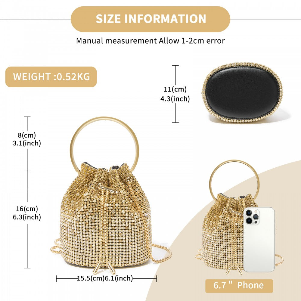 Women's Rhinestone Evening Bag with Metal Ring Handle and Chain Crossbody Strap – Gold