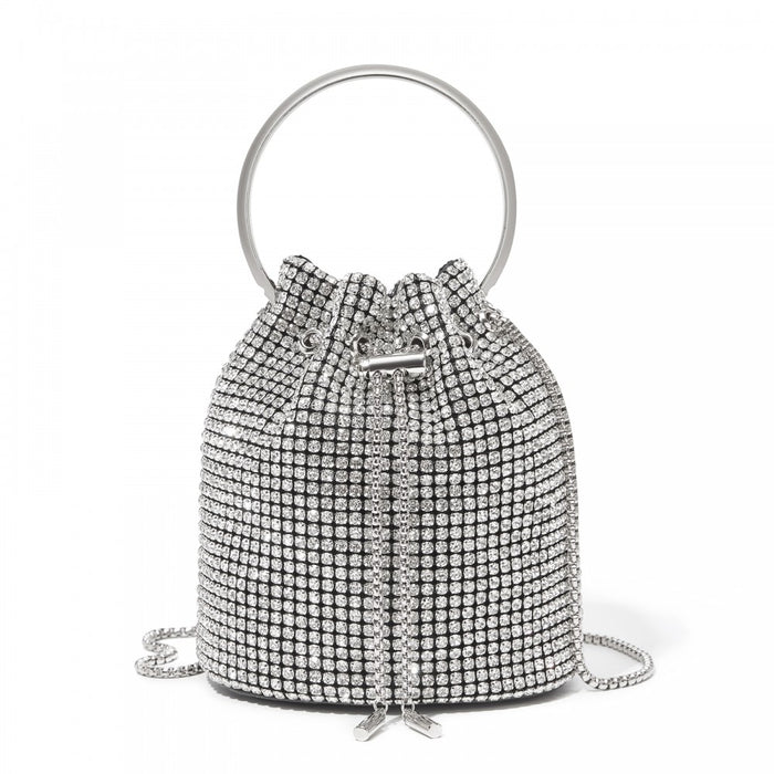 Women's Rhinestone Evening Bag with Metal Ring Handle and Chain Crossbody Strap – Silver