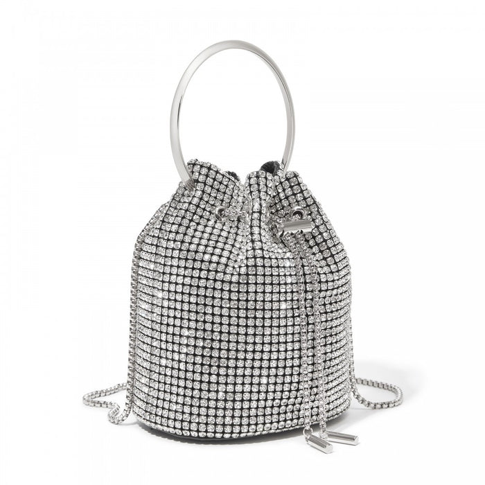 Women's Rhinestone Evening Bag with Metal Ring Handle and Chain Crossbody Strap – Silver