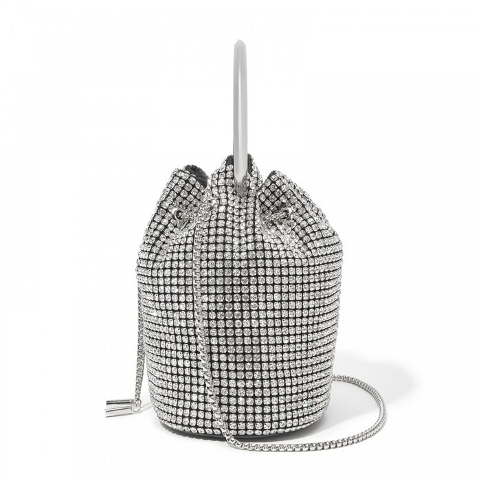 Women's Rhinestone Evening Bag with Metal Ring Handle and Chain Crossbody Strap – Silver