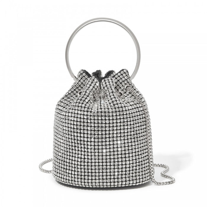 Women's Rhinestone Evening Bag with Metal Ring Handle and Chain Crossbody Strap – Silver
