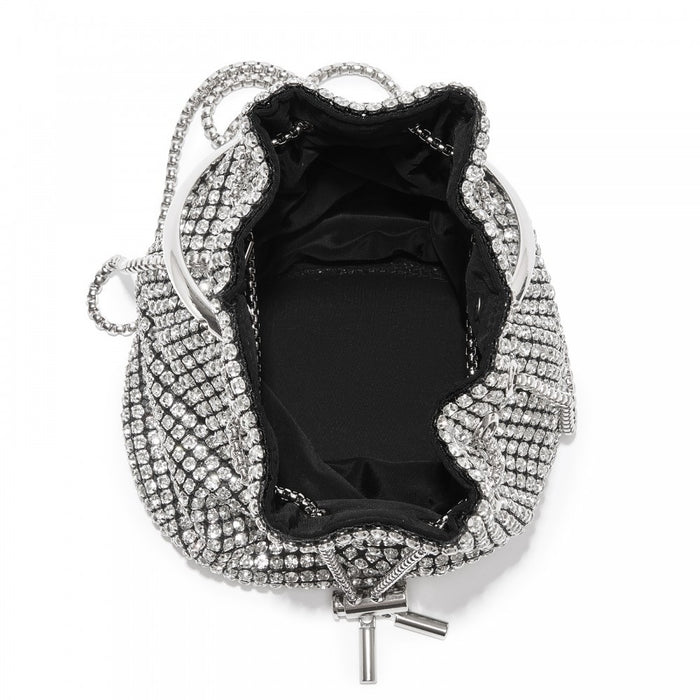 Women's Rhinestone Evening Bag with Metal Ring Handle and Chain Crossbody Strap – Silver