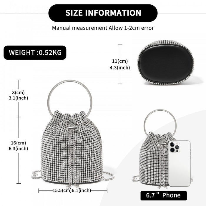 Women's Rhinestone Evening Bag with Metal Ring Handle and Chain Crossbody Strap – Silver