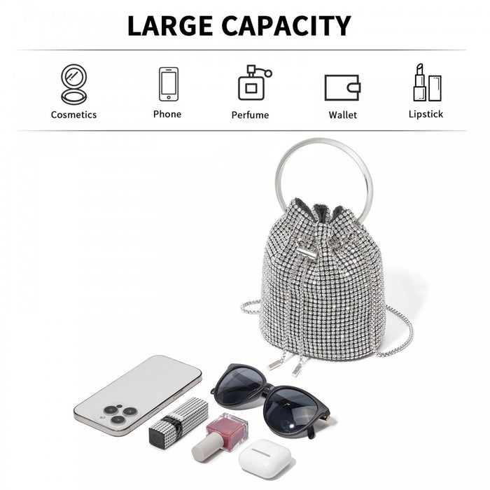 Women's Rhinestone Evening Bag with Metal Ring Handle and Chain Crossbody Strap – Silver